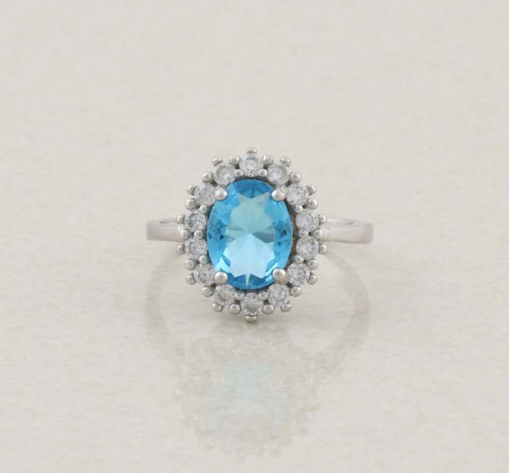 Sterling Silver Blue & White Cubic Zirconia Halo Ring Size 6 1/4